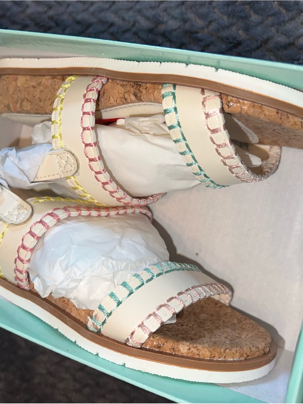 Kids Cream Cork Sandals with Multicolor Stitching